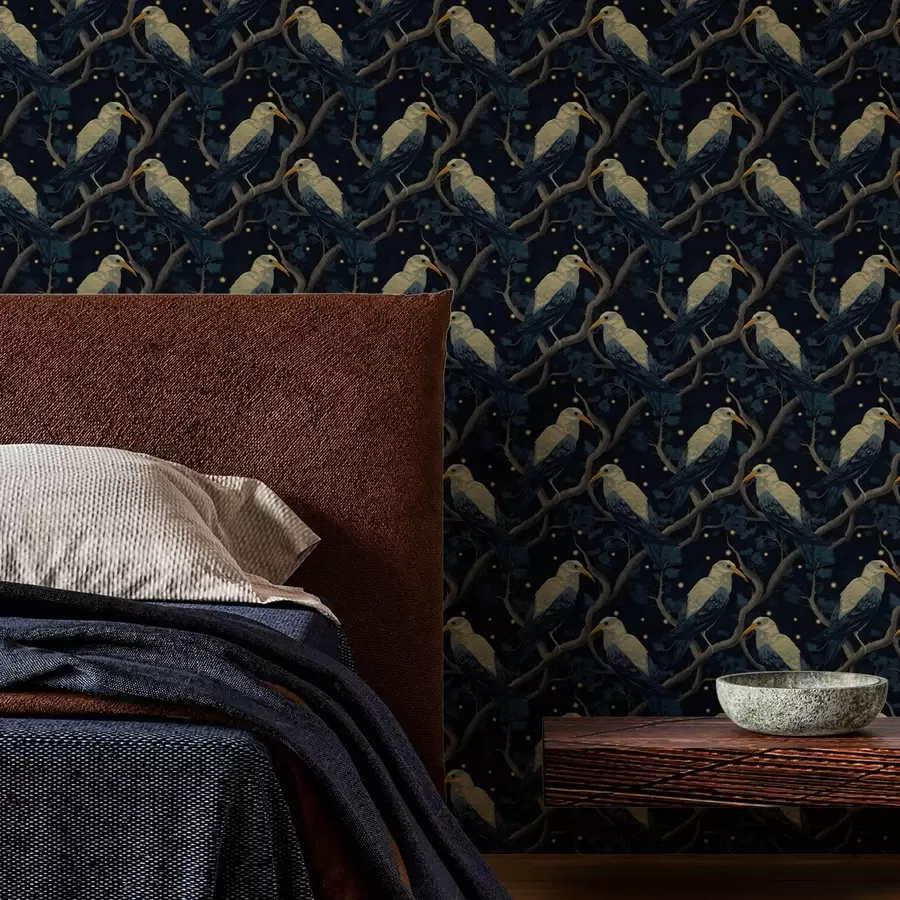 Fototapeedid Öised linnud okstel ja tähed tumesinisel taustal a00109v1