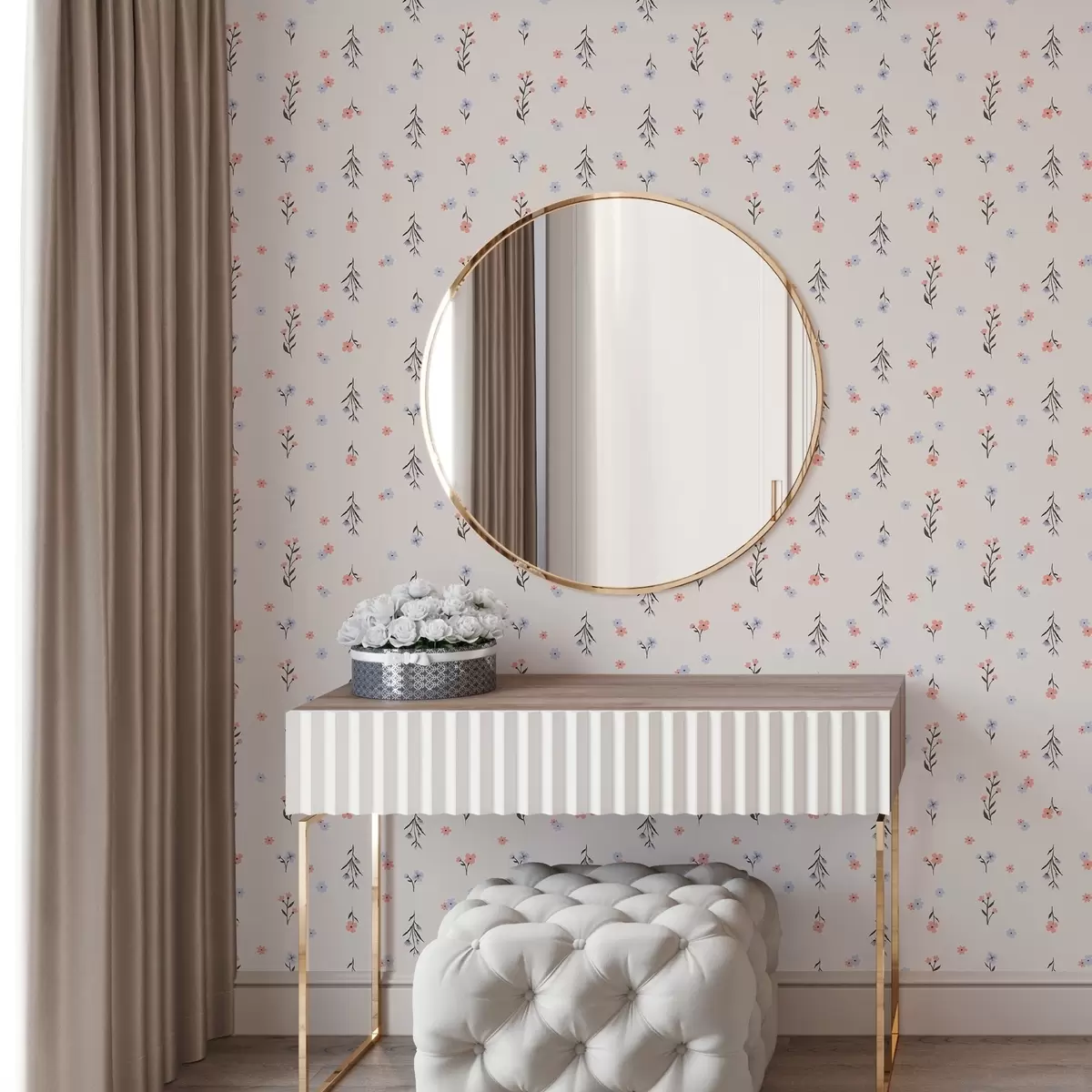 Tapeet Heleroosa ja sinise tooniga väikesed lilled kreemvalgel taustal a00110