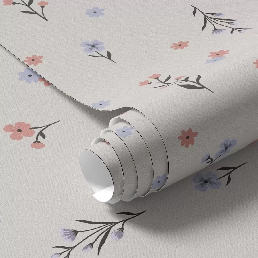 Fototapeedid Heleroosa ja sinise tooniga väikesed lilled kreemvalgel taustal a00110