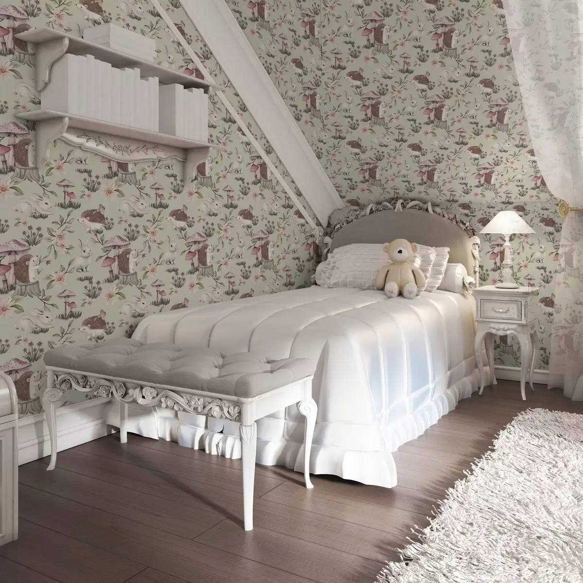 Tapeet Muinasjutulised loomad ja lilled rohelisel taustal õrnades pastellvärvides a00111v1