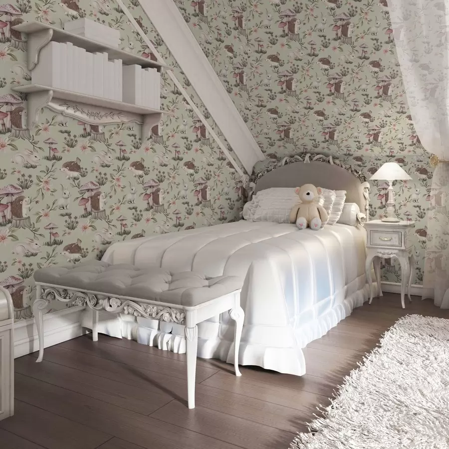 Fototapeedid Muinasjutulised loomad ja lilled rohelisel taustal õrnades pastellvärvides a00111v1