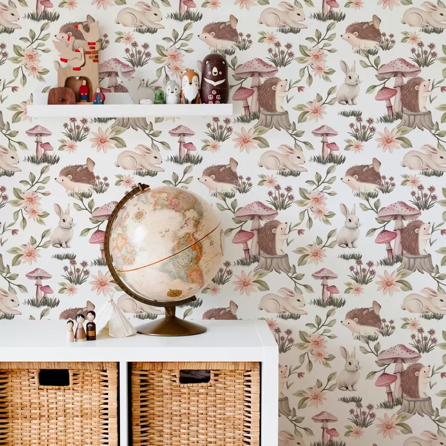 Fototapeedid Siilid ja küülikud valgel taustal koos õrnade lillede ja seentega a00111v2