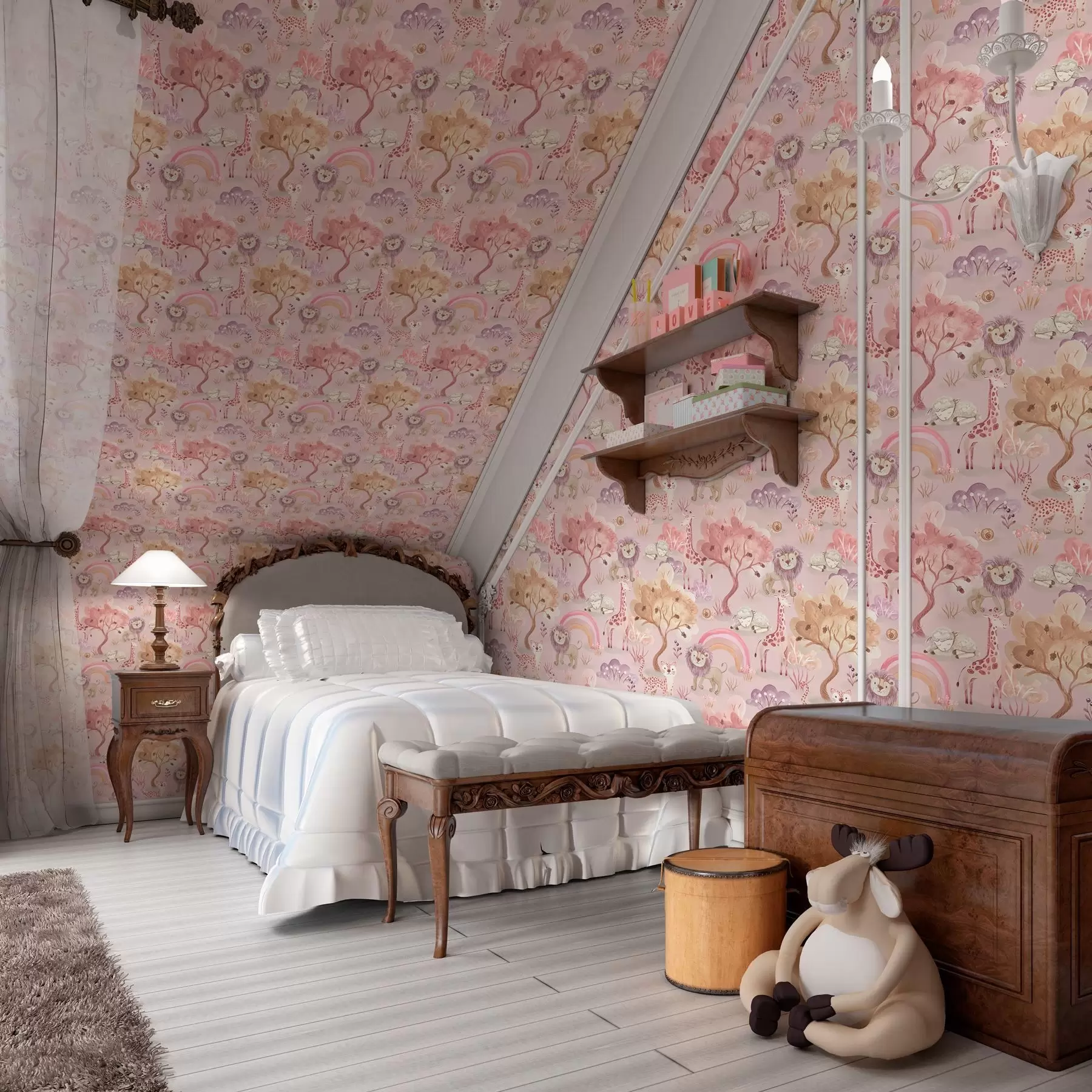 Fototapeedid Lõvikutsikad, kaelkirjakud ja vikerkaared pastelses metsas a00112