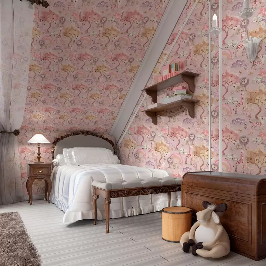 Fototapeedid Lõvikutsikad, kaelkirjakud ja vikerkaared pastelses metsas a00112