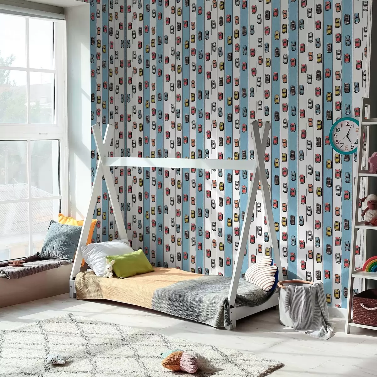 Tapeet Retroauto valgel ja sinisel teel 60ndate stiilis a00118v2