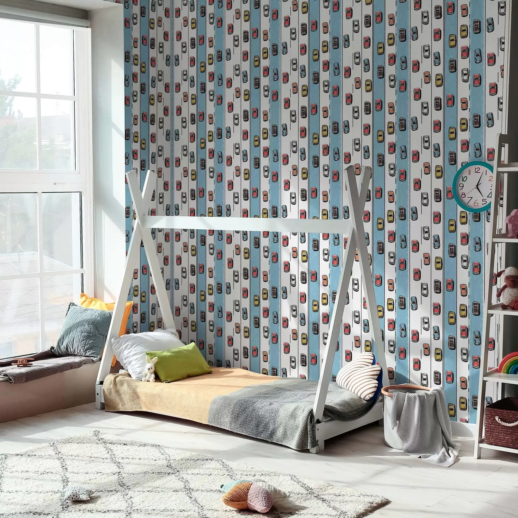 Fototapeedid Retroauto valgel ja sinisel teel 60ndate stiilis a00118v2