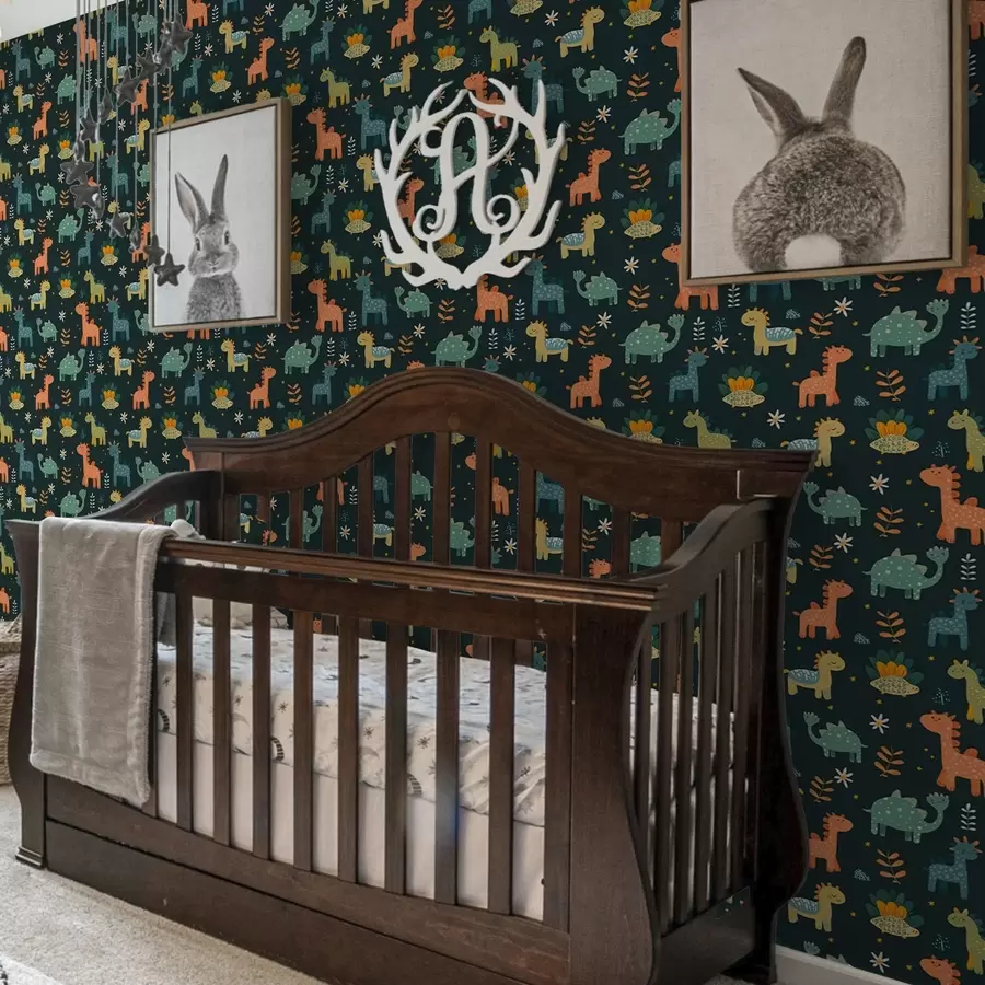 Fototapeedid Naljakad dinosaurused pastelsetes värvides tumedal taustal a00125v2