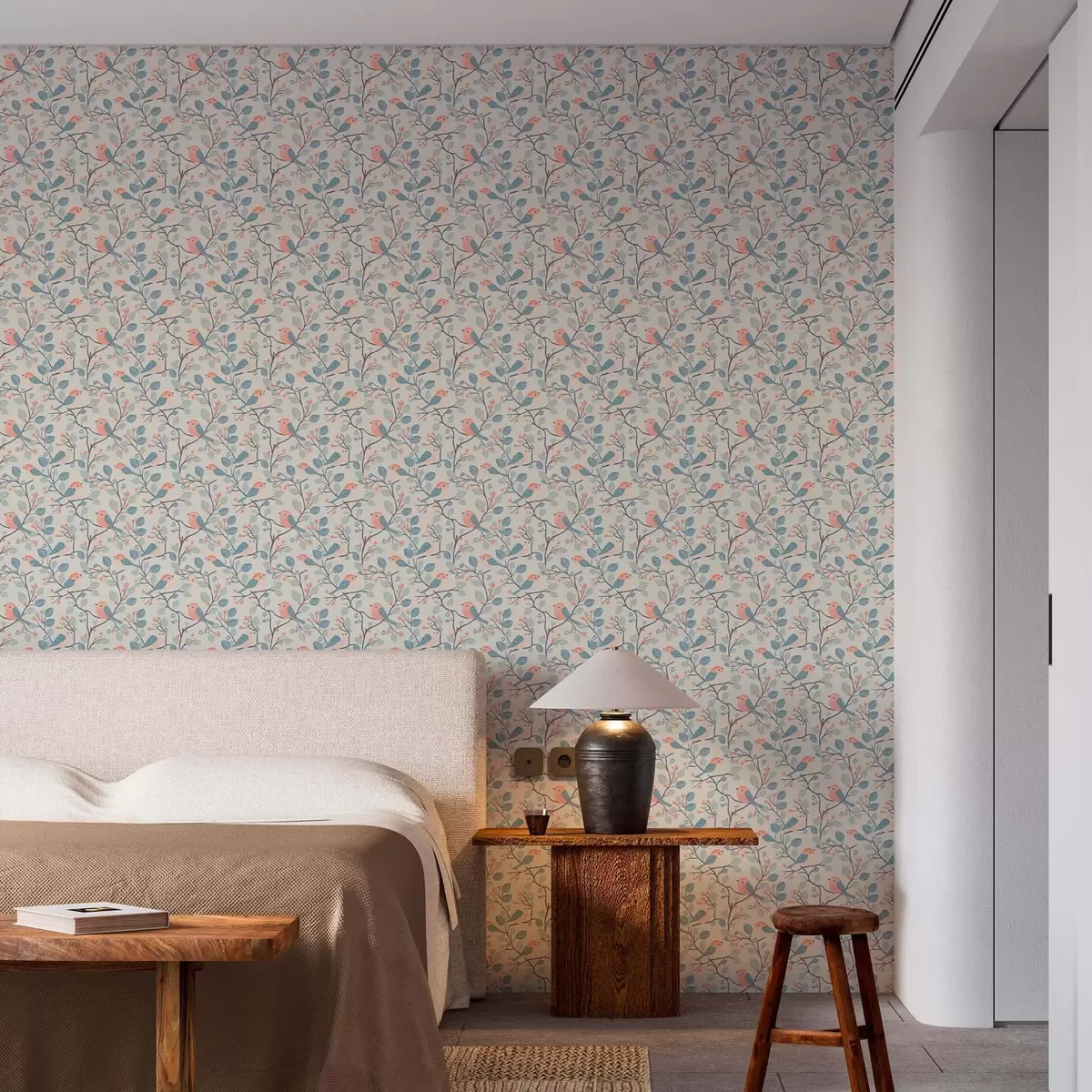 Tapeet Pastelllinnud ja oksad heledal taustal a00128