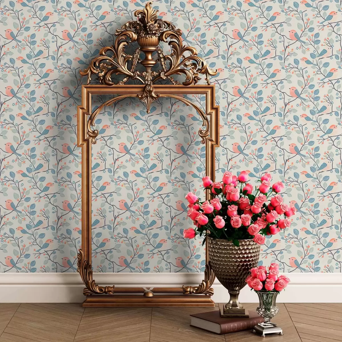 Tapeet Pastelllinnud ja oksad heledal taustal a00128