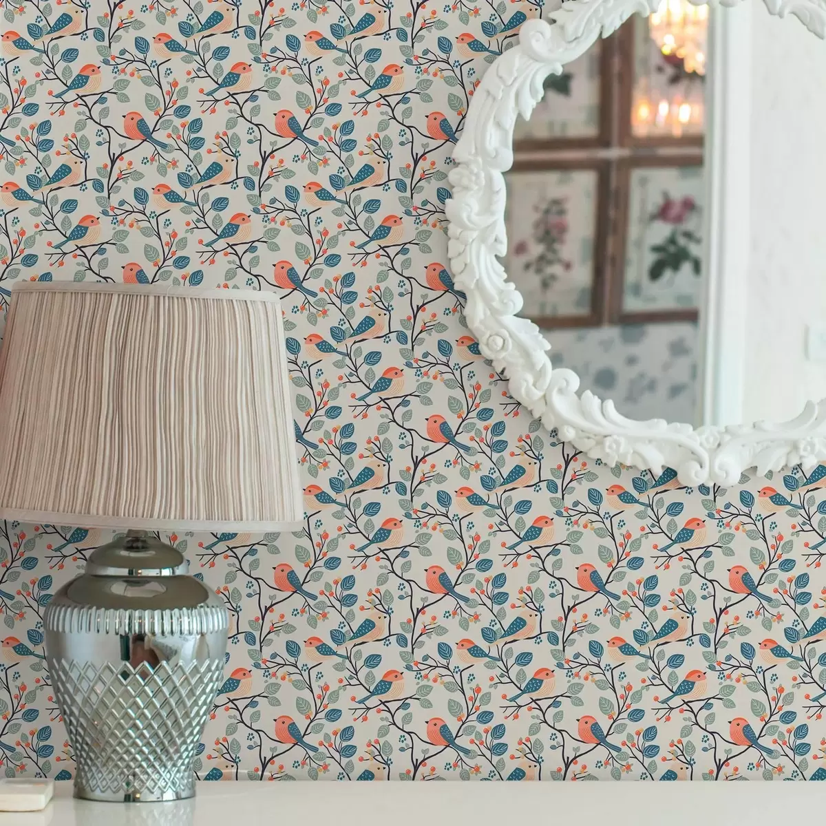 Tapeet Linnud okstel ja marjadel soojades värvides a00128v1