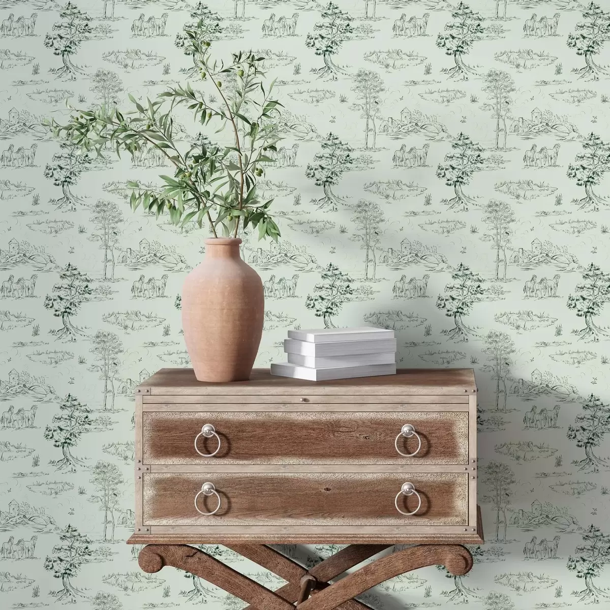 Tapeet Hobuste, puude ja lossiga stseen rohelisel taustal a00133v1