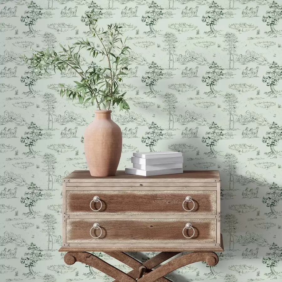 Fototapeedid Hobuste, puude ja lossiga stseen rohelisel taustal a00133v1