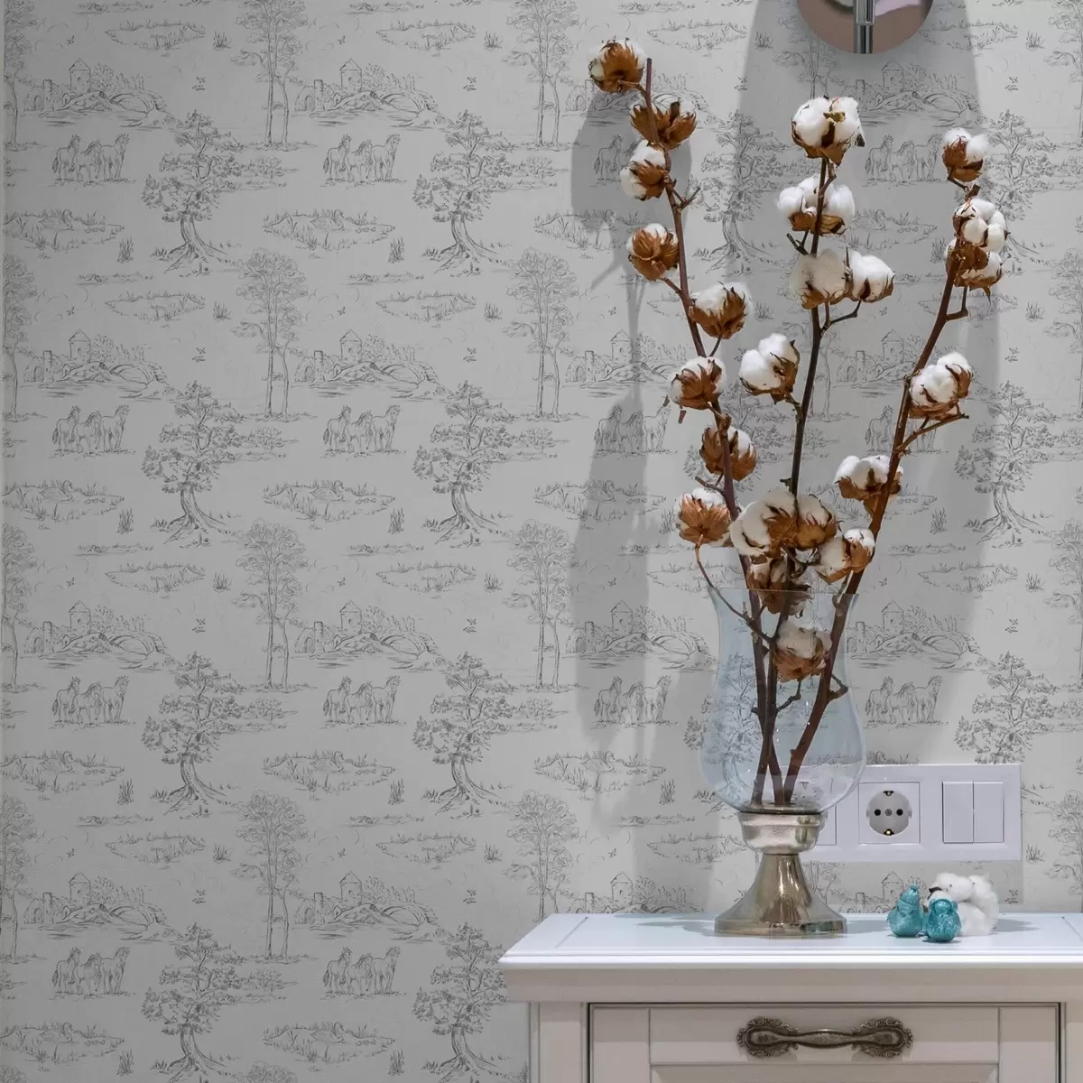 Tapeet Hobustega maastik halli ja valge stiilis a00133v2