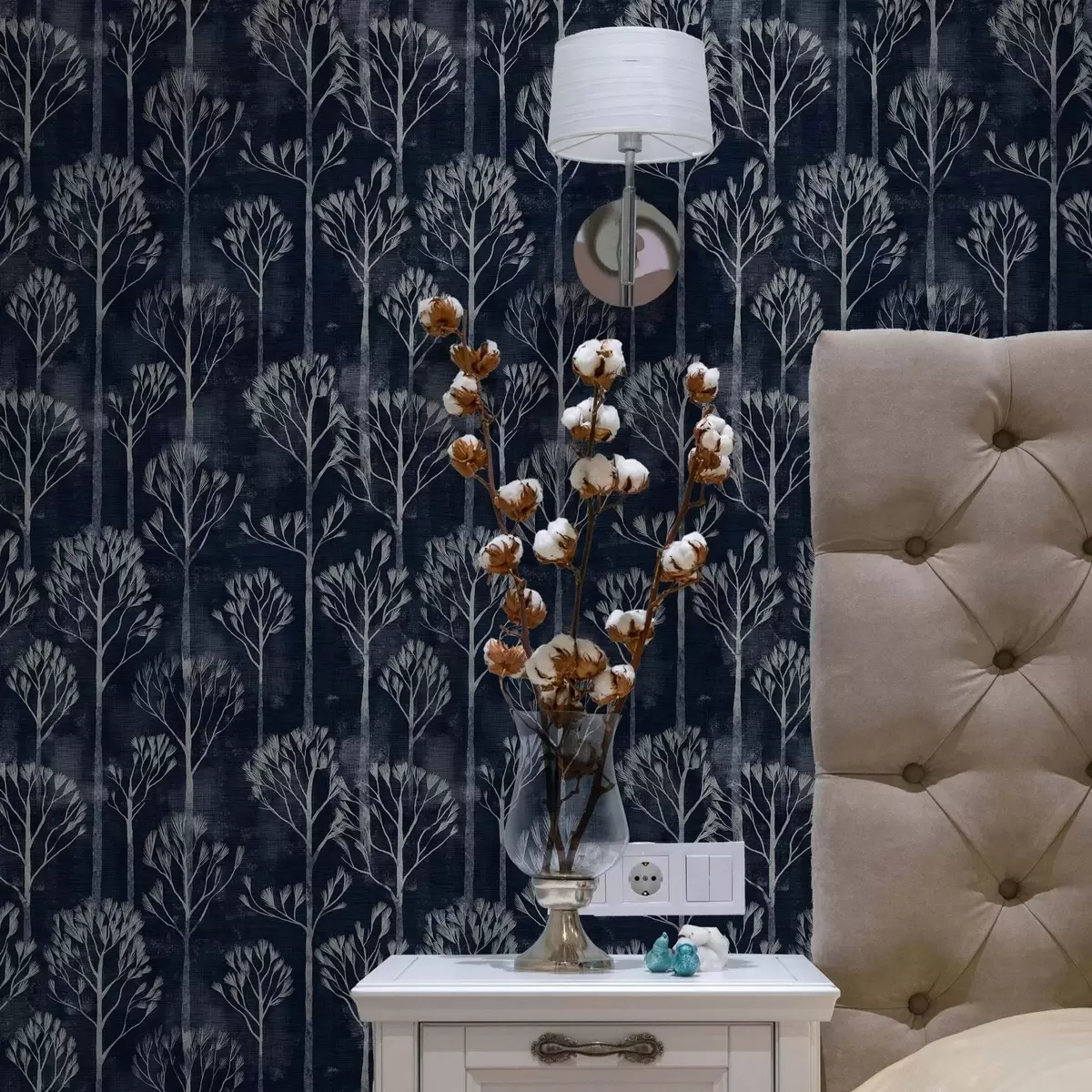 Tapeet Skandinaavia stiilis valgete puudega botaanika a00148