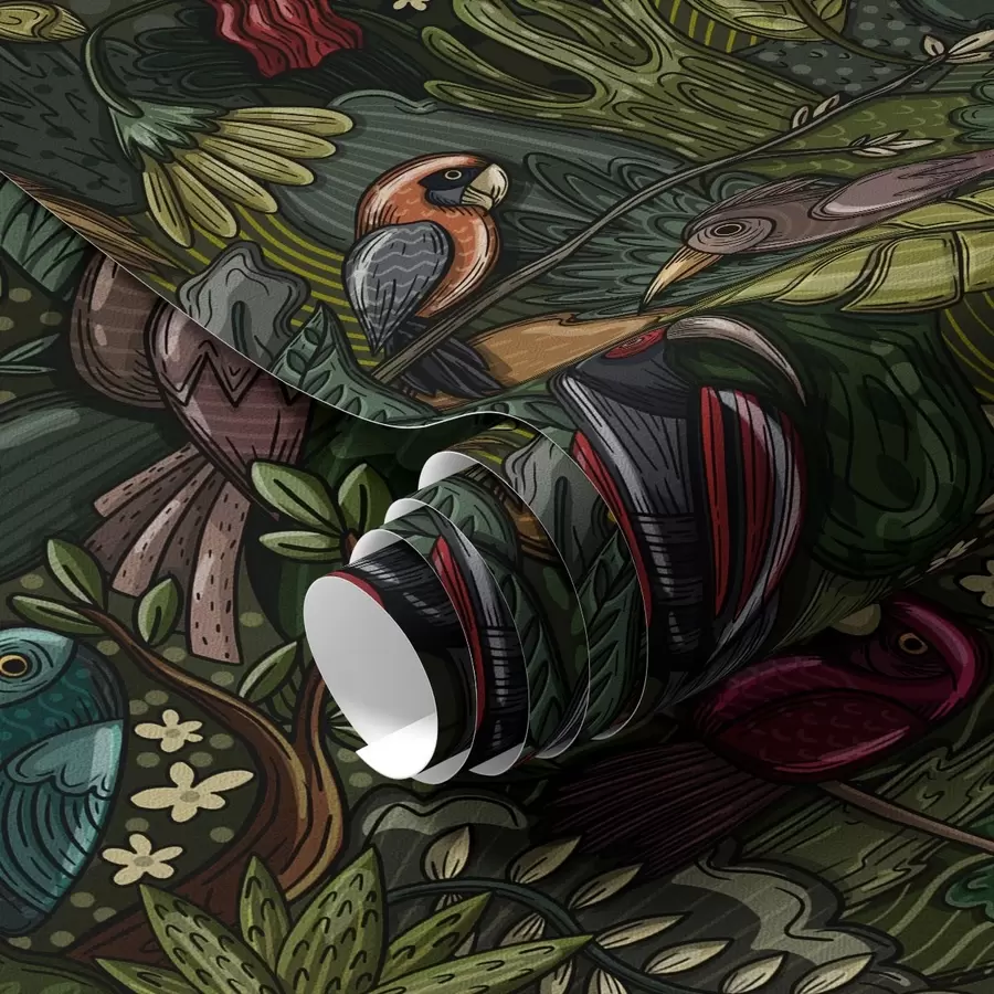 Fototapeedid Graveeringu stiilis eksootilised linnud džunglis a00157