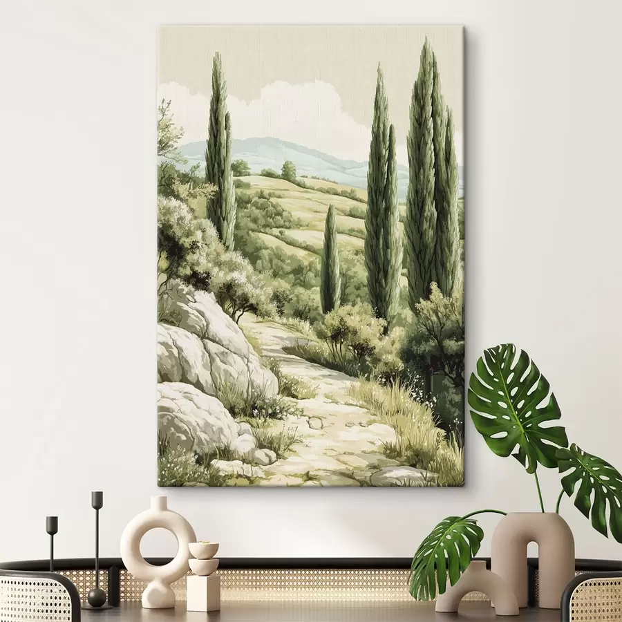 Pilt Suvised maastikud küpresside ja roheliste küngastega, maaliline stiil s44308