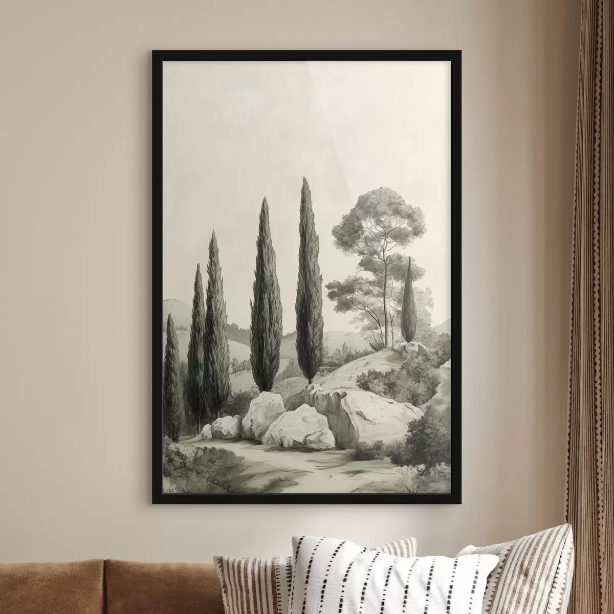 Plakat Toscana maastikud, pastelsed värvid, küpressid, kivid, maalähedane stiil f44307