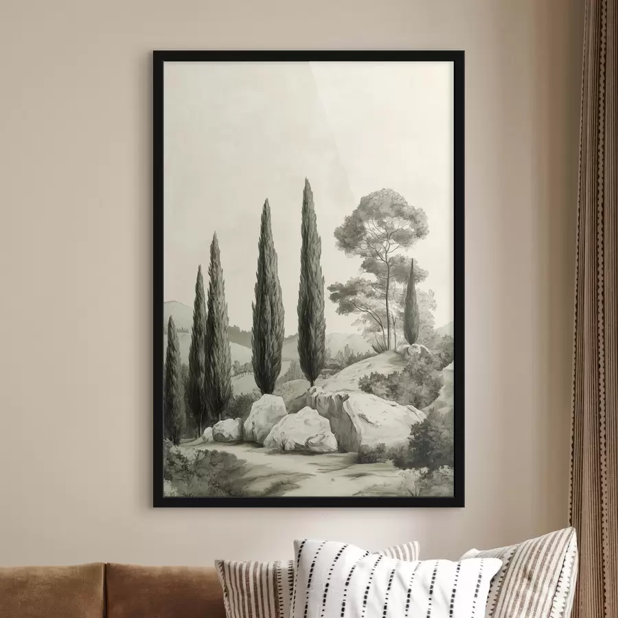 Fototapeedid Toscana maastikud, pastelsed värvid, küpressid, kivid, maalähedane stiil f44307