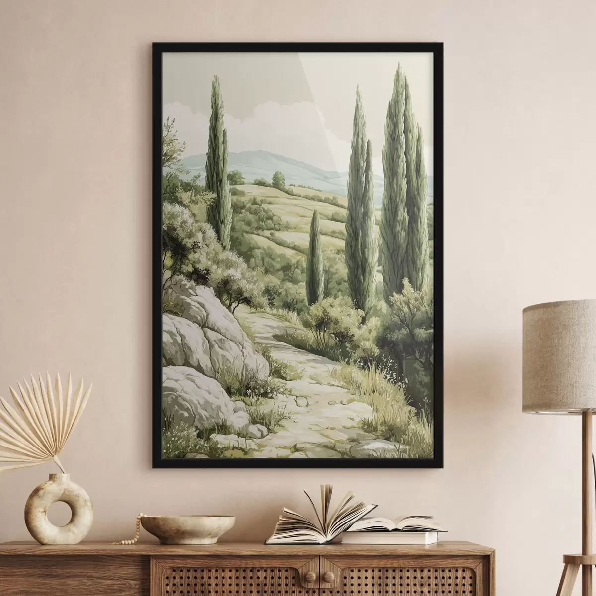 Plakat Suvised maastikud küpresside ja roheliste küngastega, maaliline stiil f44308