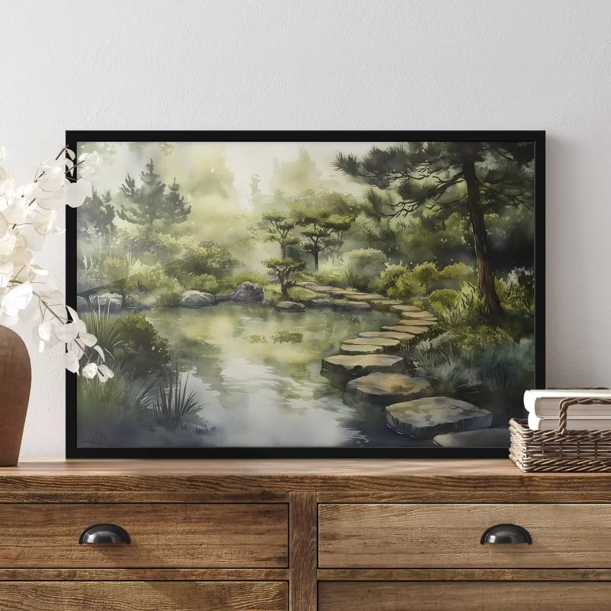 Plakat Idamaine mets koos kivide, tiigi ja mändidega, rohelus, akvarellstiilis f44311