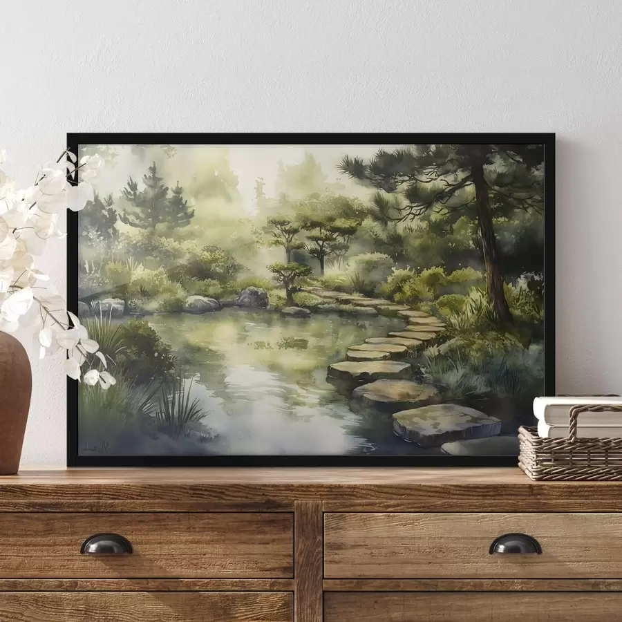 Fototapeedid Idamaine mets koos kivide, tiigi ja mändidega, rohelus, akvarellstiilis f44311