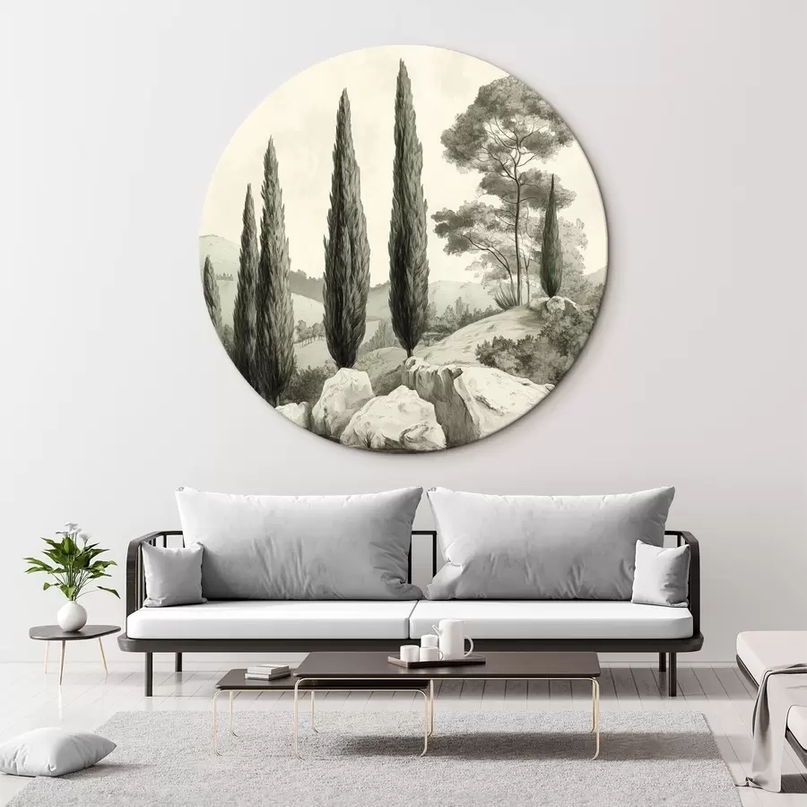 Pilt Toscana maastikud, pastelsed värvid, küpressid, kivid, maalähedane stiil r44307