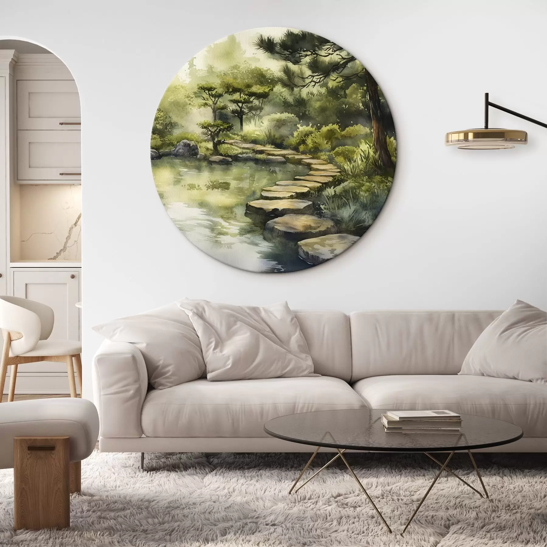 Pilt Idamaine mets koos kivide, tiigi ja mändidega, rohelus, akvarellstiilis r44311