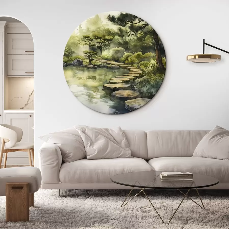 Pilt Idamaine mets koos kivide, tiigi ja mändidega, rohelus, akvarellstiilis r44311