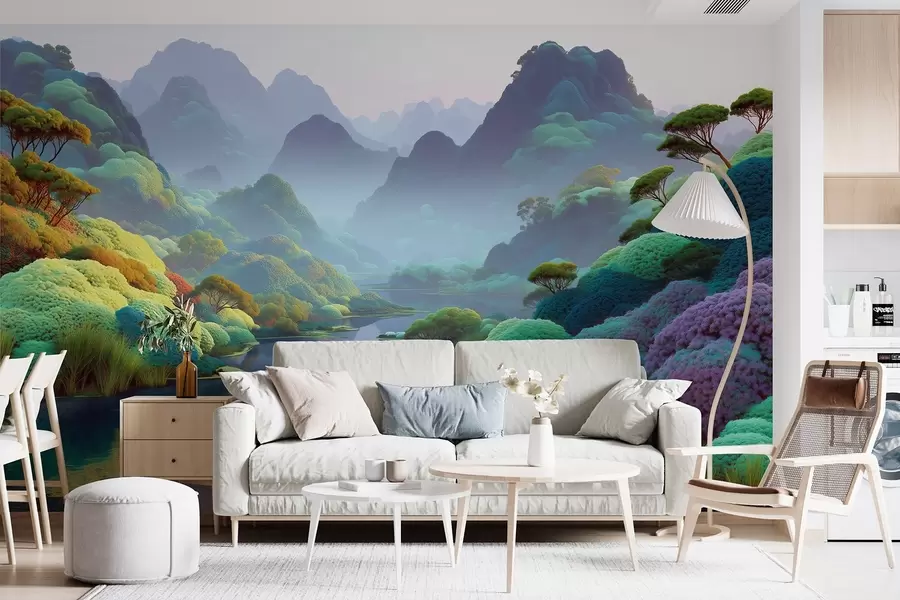 Fototapeedid Mägimaastik koos sinistes toonides jõe, puude ja põõsastega w09088