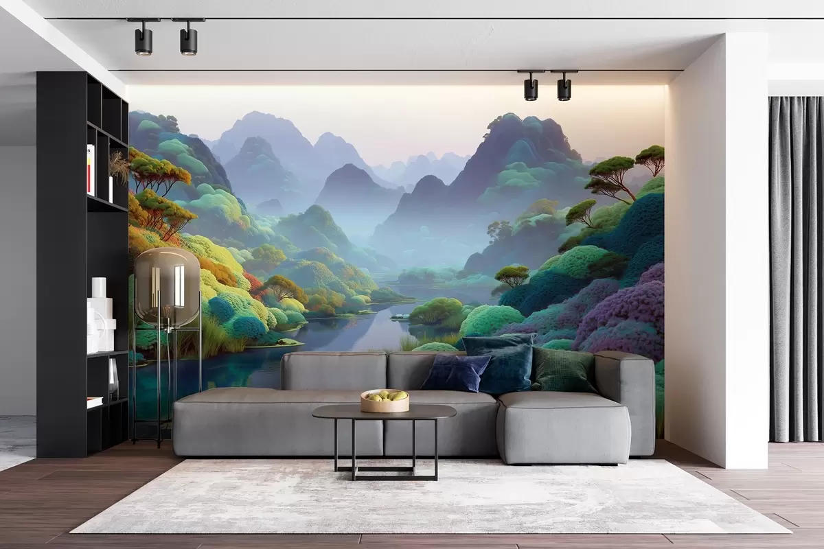 Fototapeedid Mägimaastik koos sinistes toonides jõe, puude ja põõsastega w09088