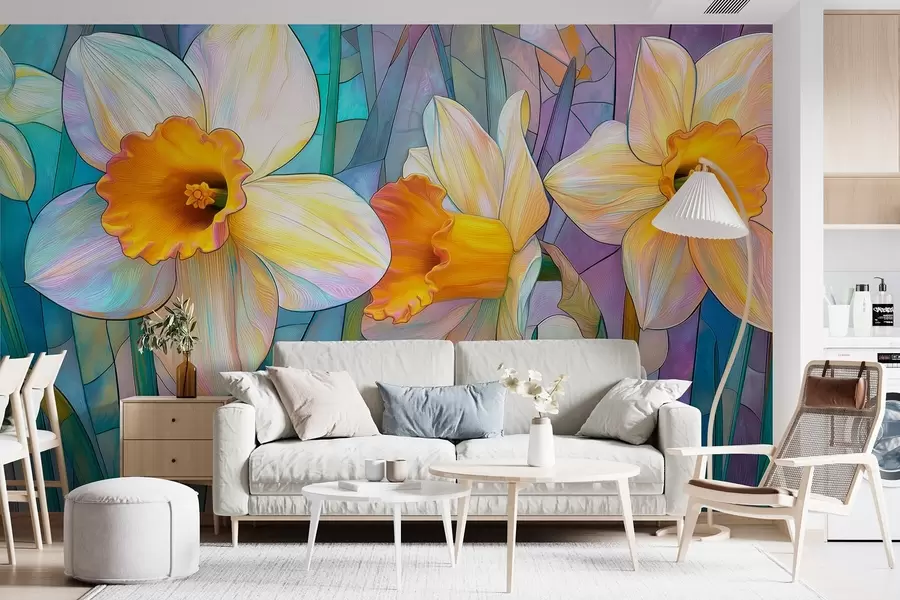 Fototapeedid Värvilised nartsissid sini-violetsel vitraažitaustal w09092