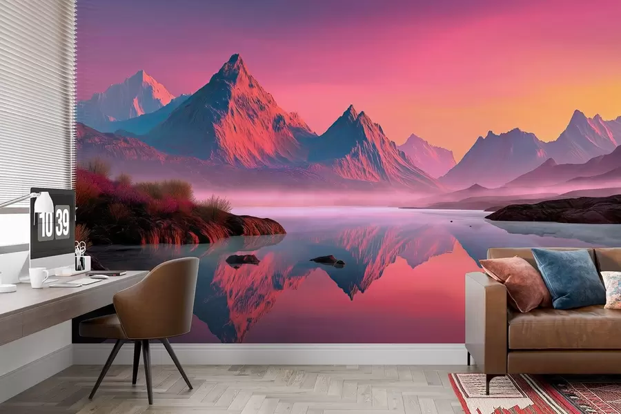 Fototapeedid Romantiline päikeseloojangu maastik jõe ja roosade toonidega mägedega w09093