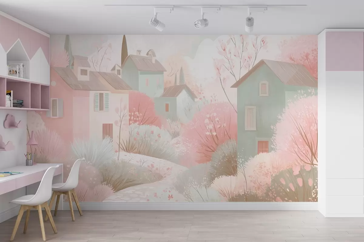 Fototapeedid Muinasjutuline linn õlimaalide stiilis roosades toonides w09095