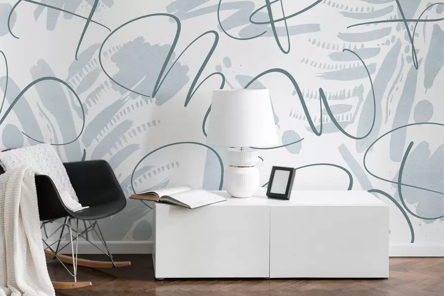 Fototapeedid Kalligraafiline abstraktsioon tähtedega, pintslitõmbed, sinine värvus w03913v1