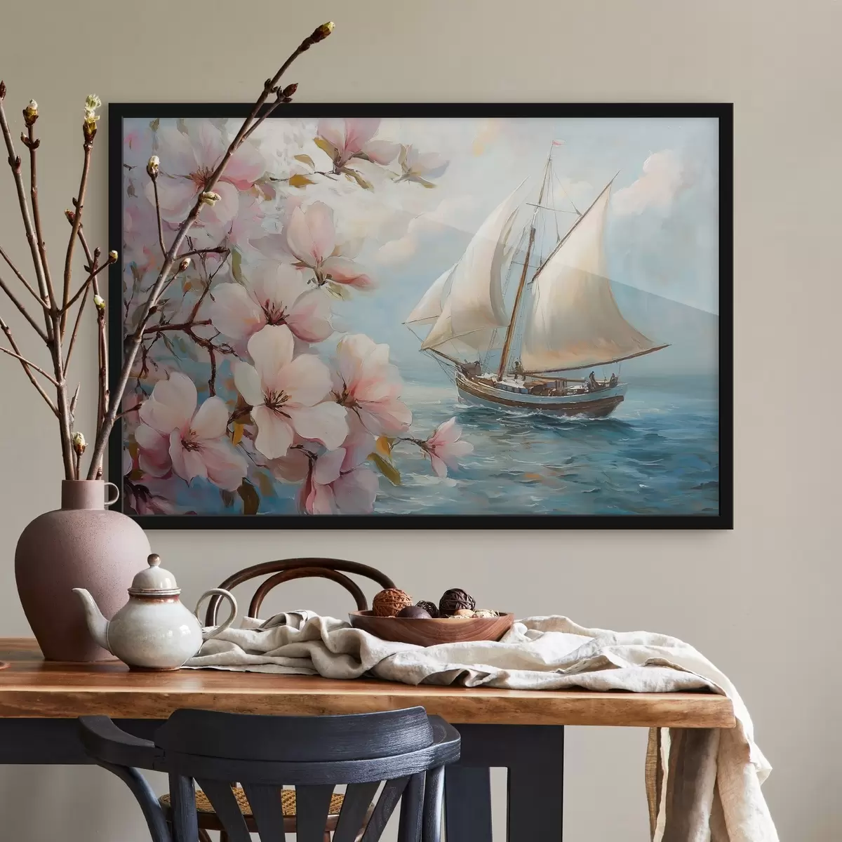 Plakat Paat merel ja suured lilled f44330