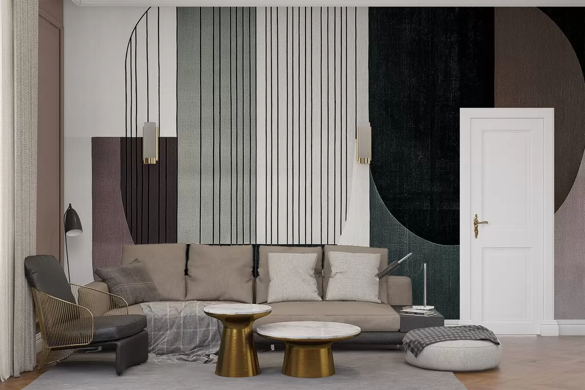 Fototapeedid kaasaegne abstraktne geomeetriline kompositsioon kattuvate kujundite ja vertikaalsete joonte mustritega, trapetsid ja ovaalid täitvad õhukesed jooned, pehme tekstiilitekstuuri pealekandmine, soojad summutatud toonid nagu oliivroheline, taupe, beež ja süsi, peened läbipaistvuse efektid kujundite vahel w03937v1