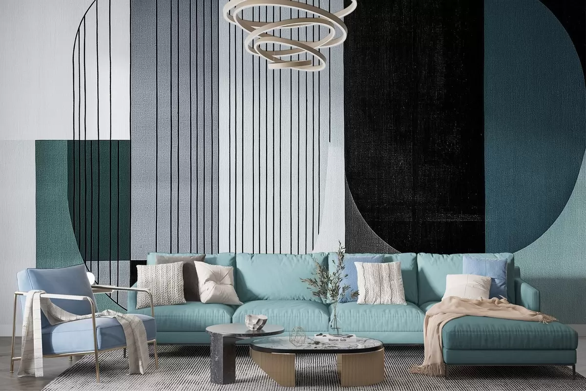 Fototapeedid kaasaegne abstraktne geomeetriline kompositsioon kattuvate kujundite ja vertikaalsete joonte mustritega, trapetsid ja ovaalid täitvad õhukesed jooned, pehme tekstiilitekstuuri pealekandmine, soojad summutatud toonid nagu oliivroheline, taupe, beež ja süsi, peened läbipaistvuse efektid kujundite vahel w03937v2