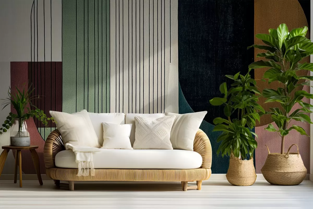 Fototapeedid kaasaegne abstraktne geomeetriline kompositsioon kattuvate kujundite ja vertikaalsete joonte mustritega, trapetsid ja ovaalid täitvad õhukesed jooned, pehme tekstiilitekstuuri pealekandmine, soojad summutatud toonid nagu oliivroheline, taupe, beež ja süsi, peened läbipaistvuse efektid kujundite vahel w03937v3