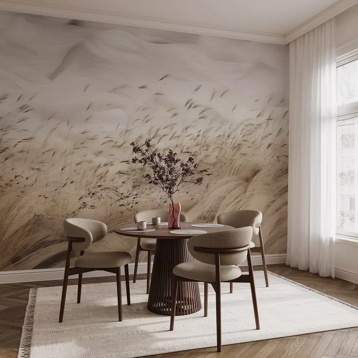 Fototapeedid abstraktne tuulest puhutud roheväljad beeži ja kivitooni toonides, tindiga visandatud jooned tekstuurse paberitaustaga, põhjamaine maaelu rahulikkus w03941