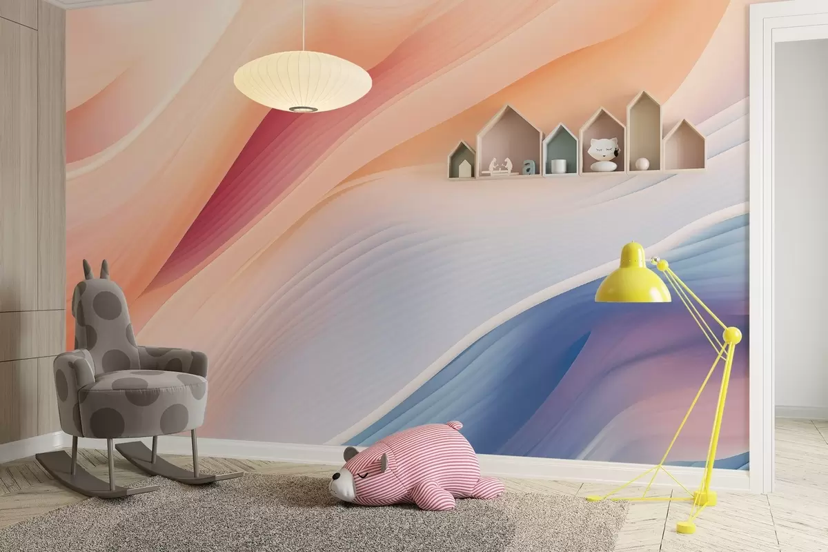 Fototapeedid abstraktsed voolavad vormid, inspireeritud tuulest ja veest, käsitsi maalitud pehmete pastelsete gradientide ja peene tekstuuriga, orgaaniline liikumine nagu siid aeglases liikumises, kahvatu elevandiluu taust, looduslik harmoonia, ei mingeid objekte, ei mingeid sümboleid, kaasaegne poeetiline tapeedikompositsioon w03942