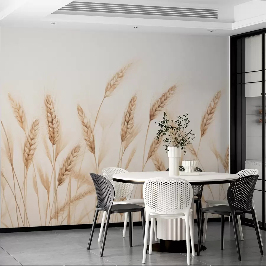 Fototapeedid õrn botaaniline illustratsioon nisuvartest, käsitsi joonistatud stiil, peened jooned pastell kriiditekstuuriga, pehmed seepia ja mahedad pruunid toonid, valge taust, sümmeetriline elegantne kompositsioon, naturaalne visandi esteetika w03943