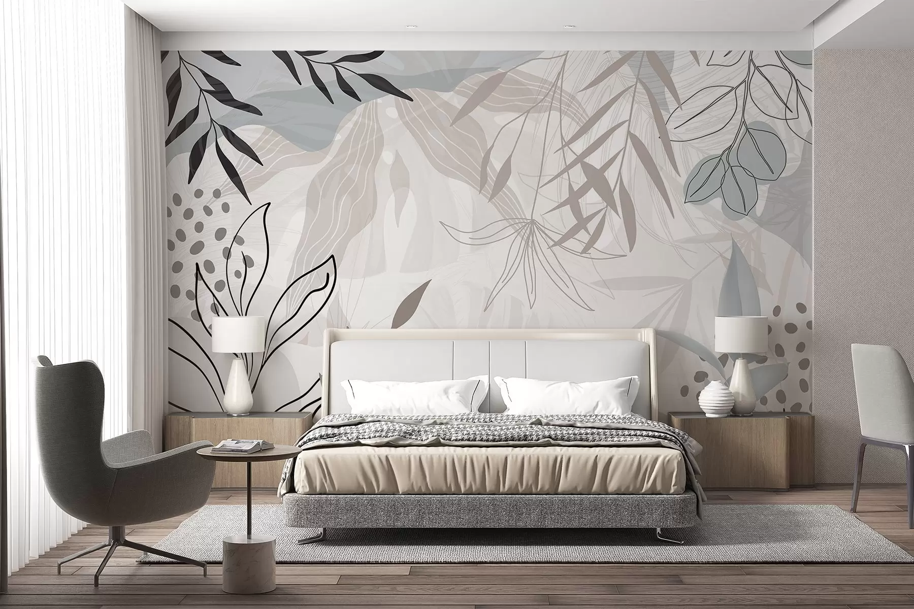 Fototapeedid Abstraktne lilleline kaasaegne disain pastelsete beežide, hallide, siniste ja mustade lehtedega, õrnade joonte ja pehme taustaga  w09105