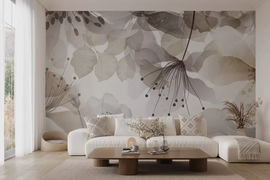 Fototapeedid Lilled ja lehed beežides toonides, läbikumavad kroonlehed ja lehed, pehme akvarelli efekt, õrnad jooned, valge taust w09107v1