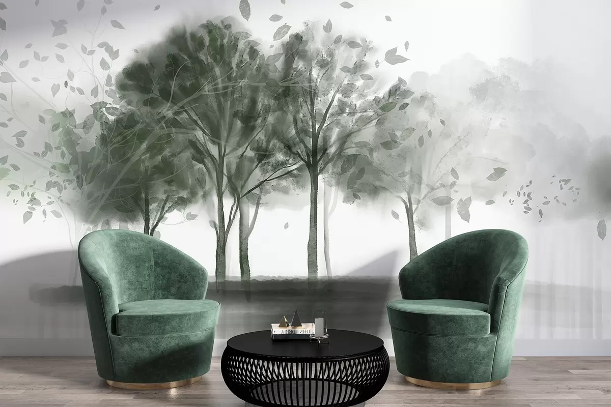 Fototapeedid Abstraktne maastik roheliste lehtedega puudega, mis peegelduvad vees, akvarelliga tekstuurses stiilis w09109