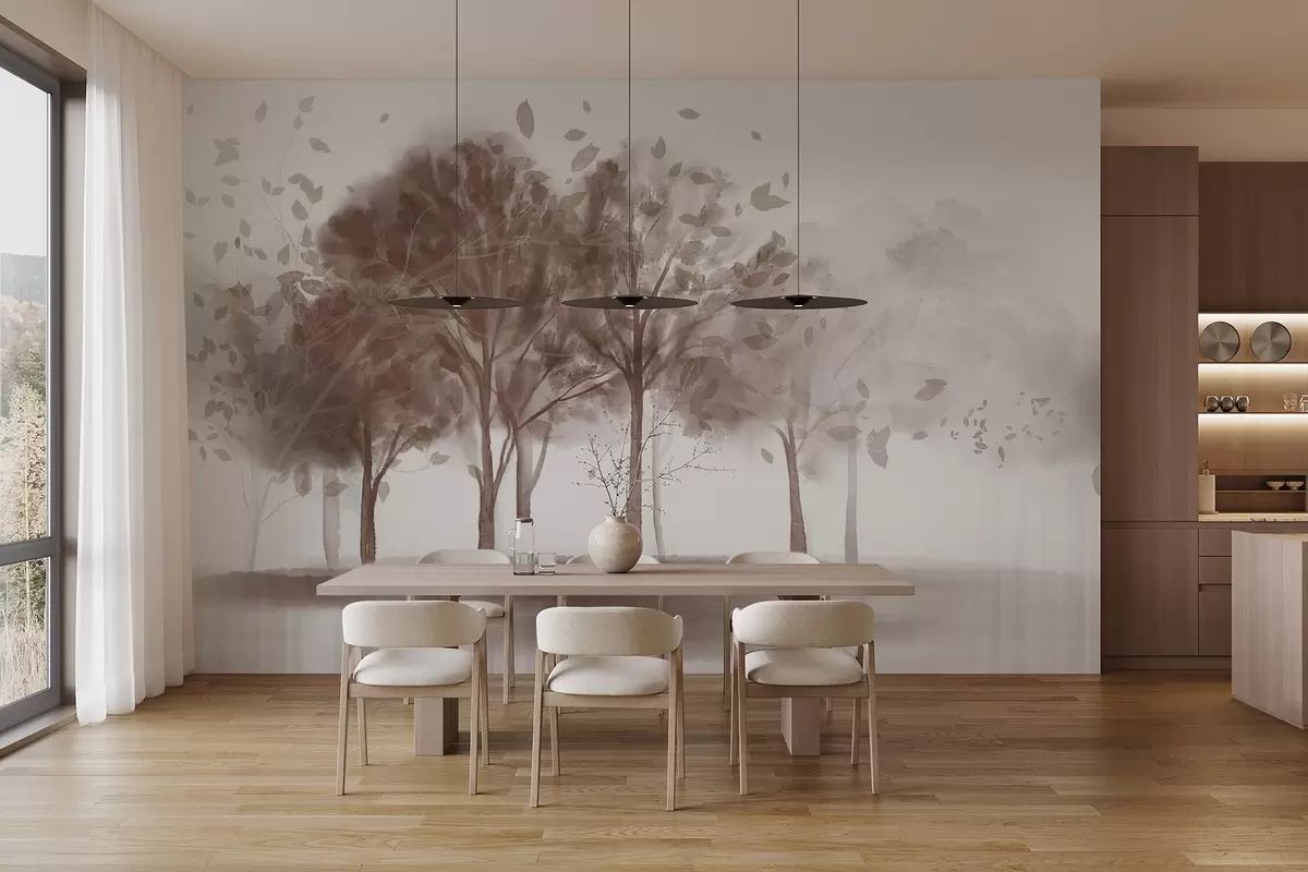 Fototapeedid Abstraktne maastik, kus puud koos pruunide lehtedega peegelduvad vees, akvarelliga tekstuurses stiilis w09109v1