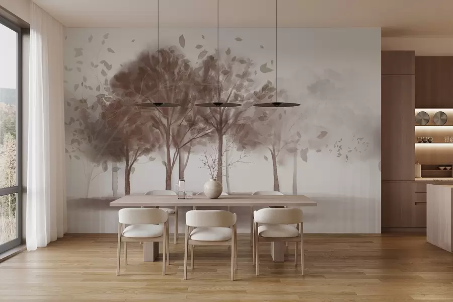 Fototapeedid Abstraktne maastik, kus puud koos pruunide lehtedega peegelduvad vees, akvarelliga tekstuurses stiilis w09109v1