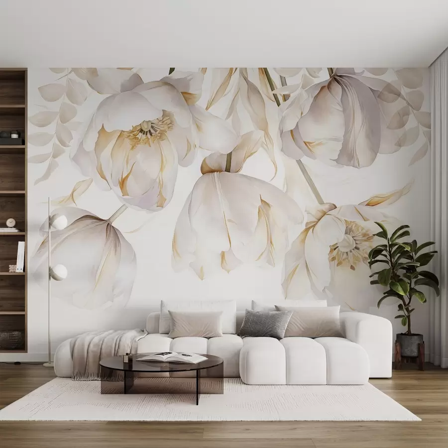 Fototapeedid Valged tulbid kollaste õietolmudega, õrnad kroonlehed, elegantne lillekompositsioon, õrn kompositsioon, valgel taustal w09112