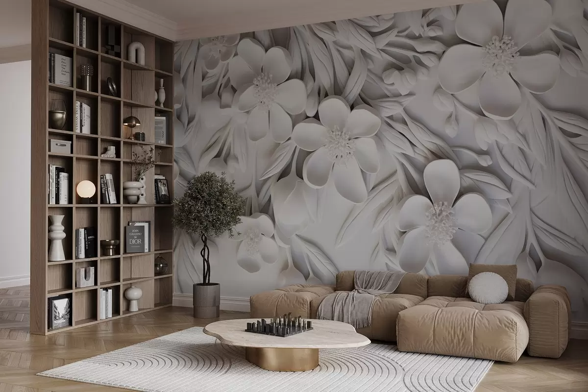 Fototapeedid Valged lilled ja lehed valgel taustal, lilleline elegantne, dekoratiivne disain, keerulised detailid w09113