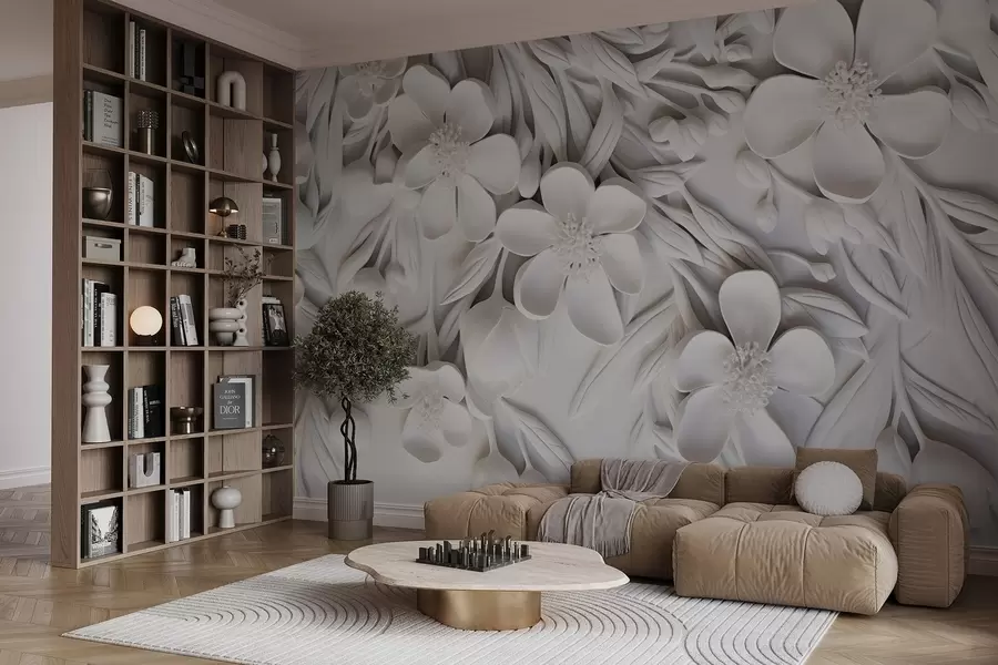 Fototapeedid Valged lilled ja lehed valgel taustal, lilleline elegantne, dekoratiivne disain, keerulised detailid w09113