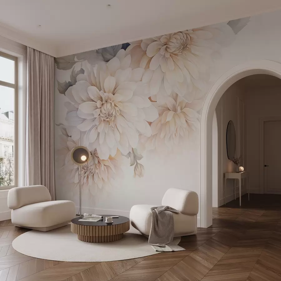 Fototapeedid Pehme, õrna virsiku ja valgete heledate kroonlehtedega pastelsed daaliad akvarellistiilis, pehme taustaga w09115